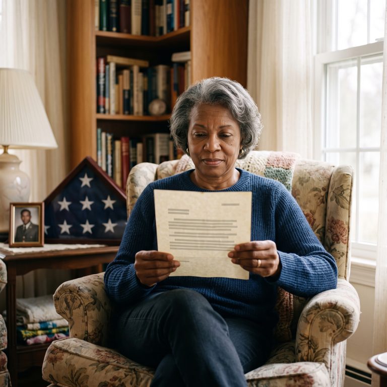 Surviving spouse reading a VA benefits letter at home