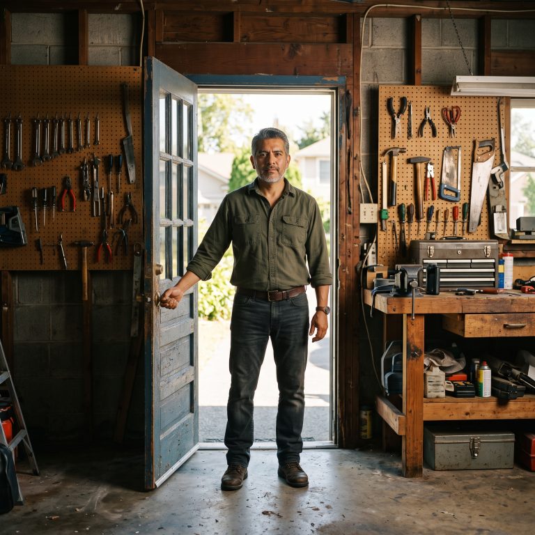 Veteran standing in his garage doorway