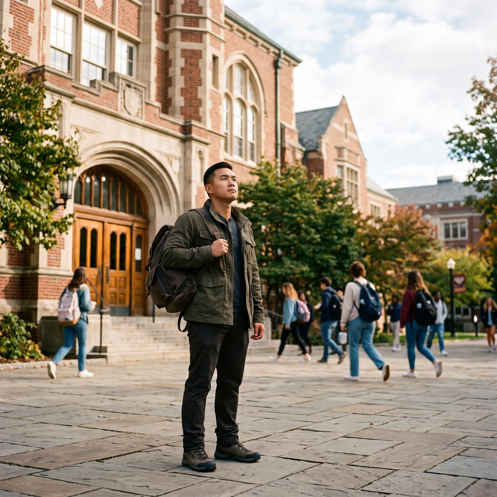 Veteran student outside a university building