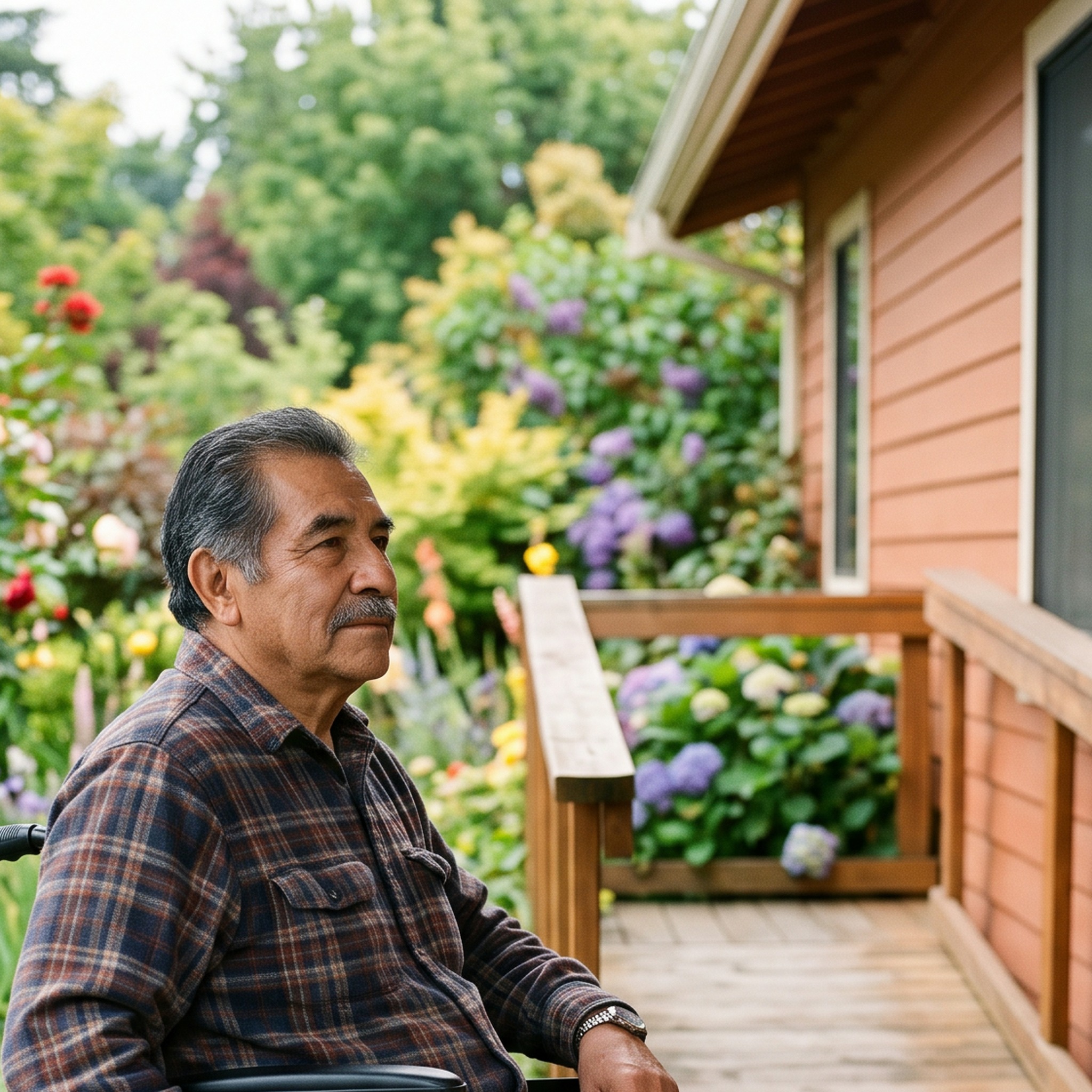 Veteran using a wheelchair on his porch, looking out at the garden