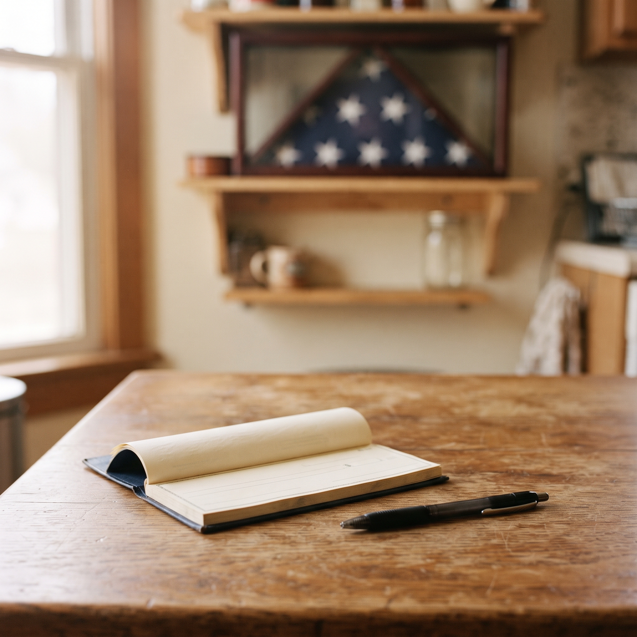 A folded flag on a shelf and a checkbook on the table are common fixtures in the households applying for this benefit.
